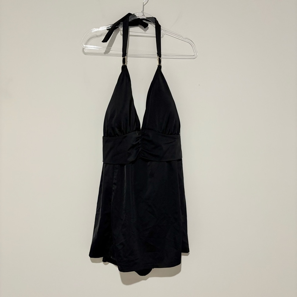 Tropical Escape 1pc Swimsuit dress Runched Front jewel beaded strap black 24w